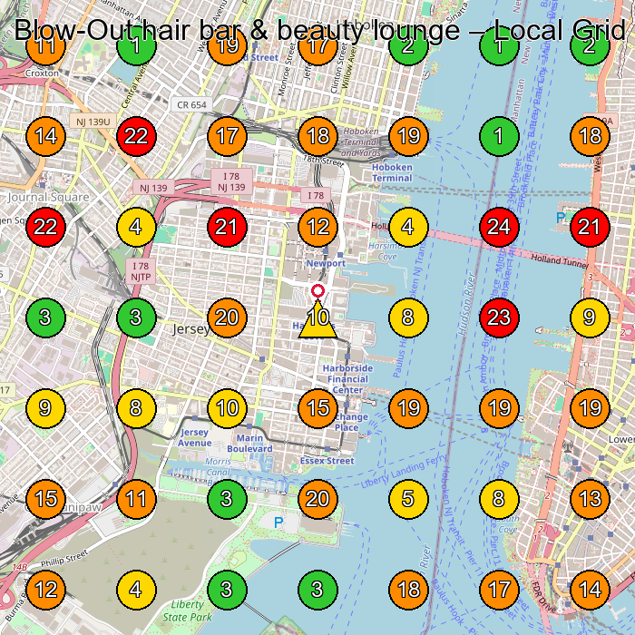 Blow-Out hair bar & beauty lounge Hair Salon GeoGrid ranking map for Jersey City NJ